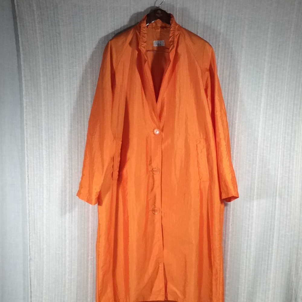 VTG Benetton Italy Bright Orange Lightweight Nylon Trench Coat Size Large